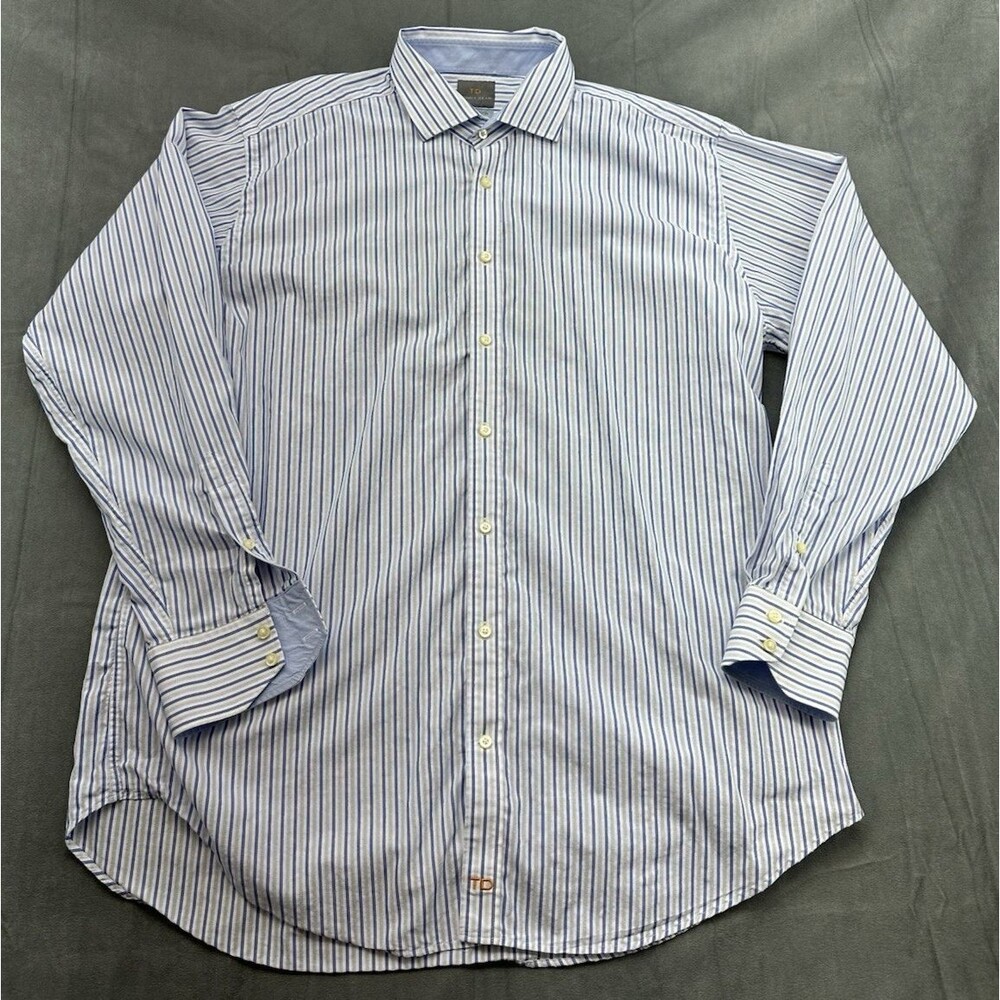 Thomas Dean Button Long Sleeve Striped Dress Shirt Mens XXL Flip Cuff Blue White